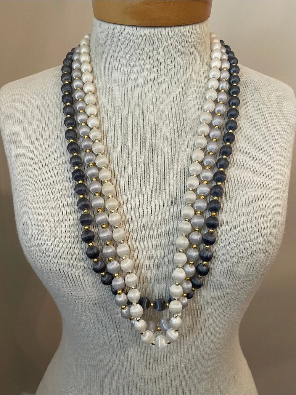 Vintage 3 Necklaces with Spun Silk Satin Beads Gold Tone Spacers 30 In. Approx